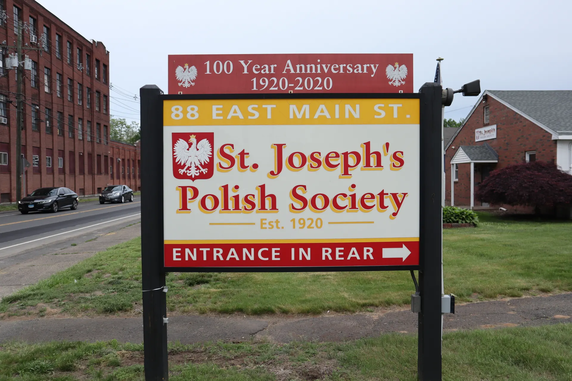 The club's street sign at the road, reading St. Joseph's Polish Society — Est. 1920